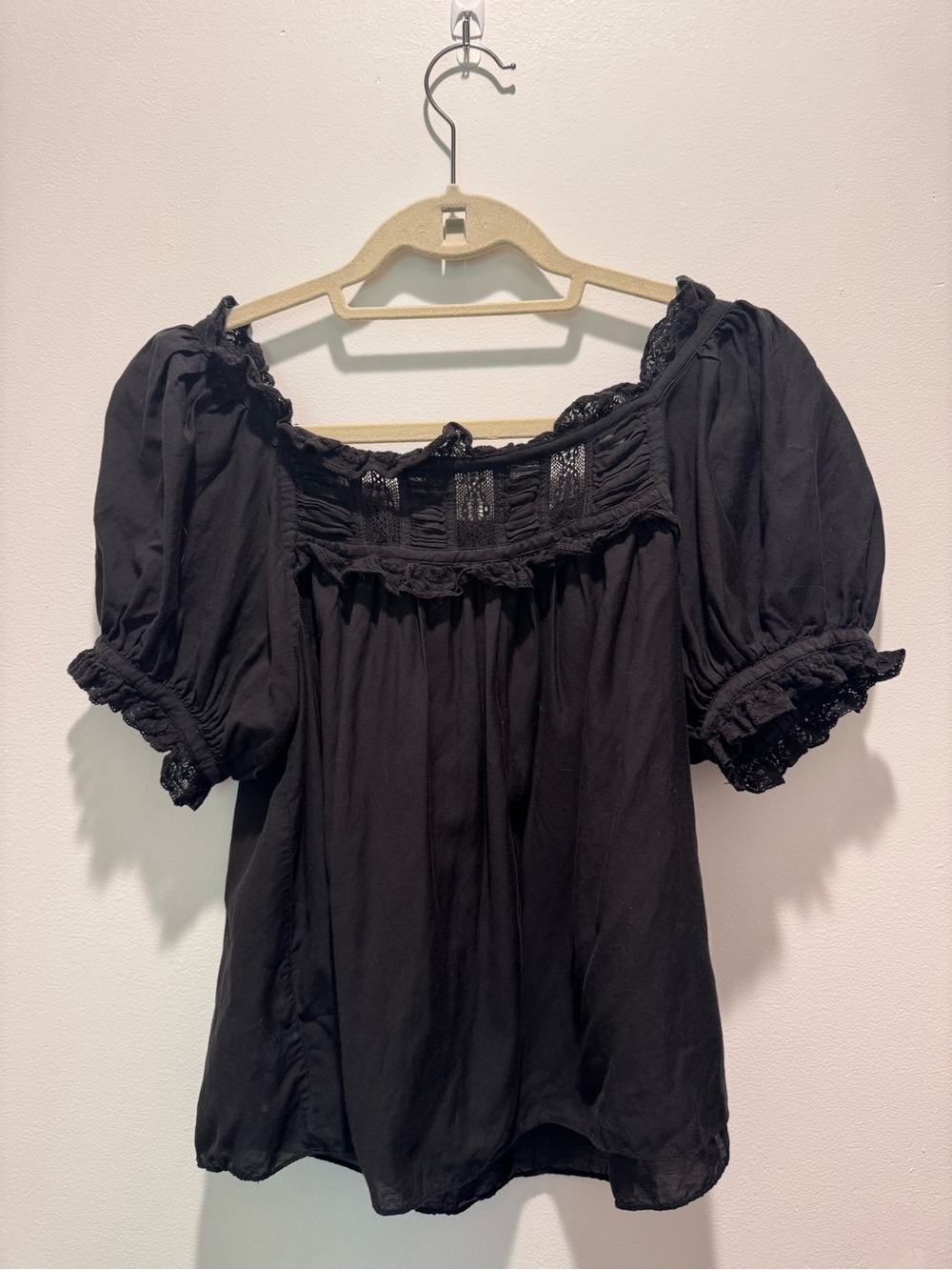 Doen Black Lace-Trim Puff Sleeve Cotton Top - Picture 4 of 5